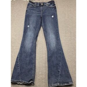 M Jeans by Maurices Super High Rise Flare Jeans Blue Wash Distressed Size M Long